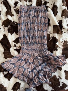 Smocked Strapless Romper in Navy with Blush Leaf Print